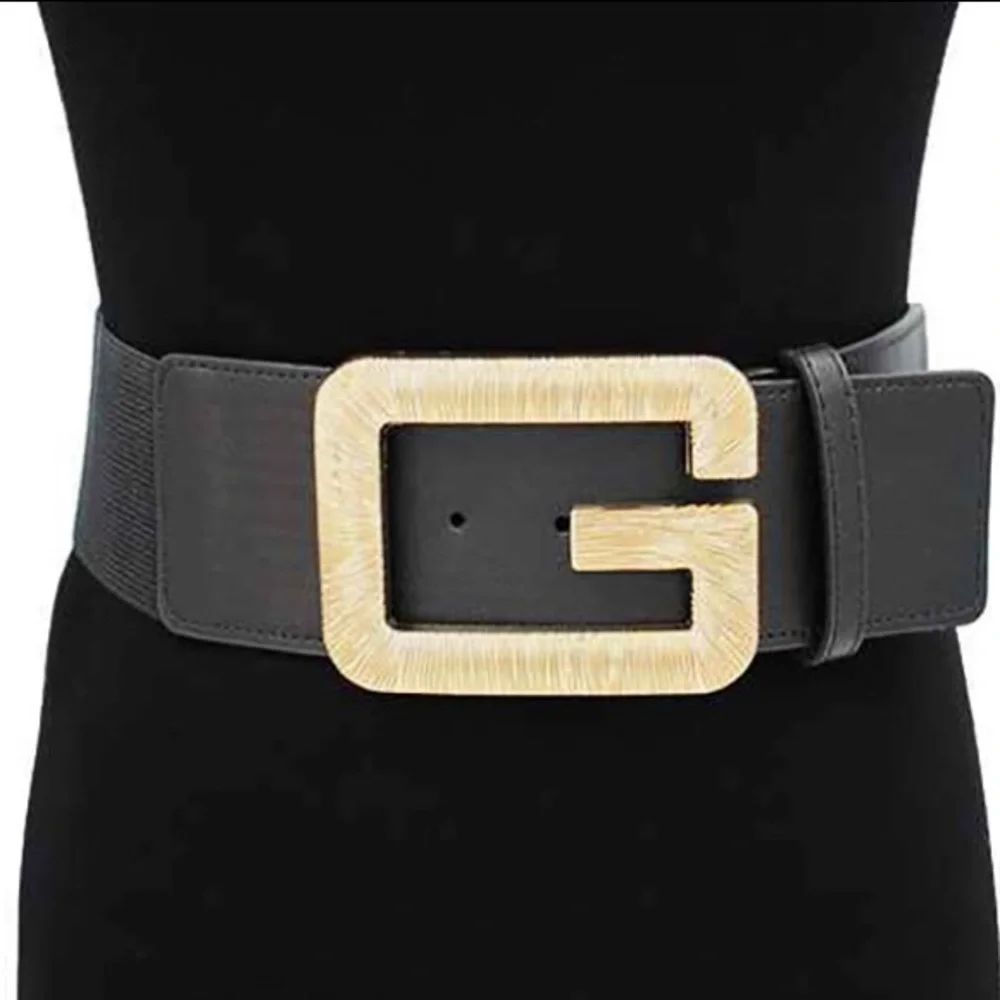 Gold Buckle Textured Metal G Letter Wide Elastic Statement Belt